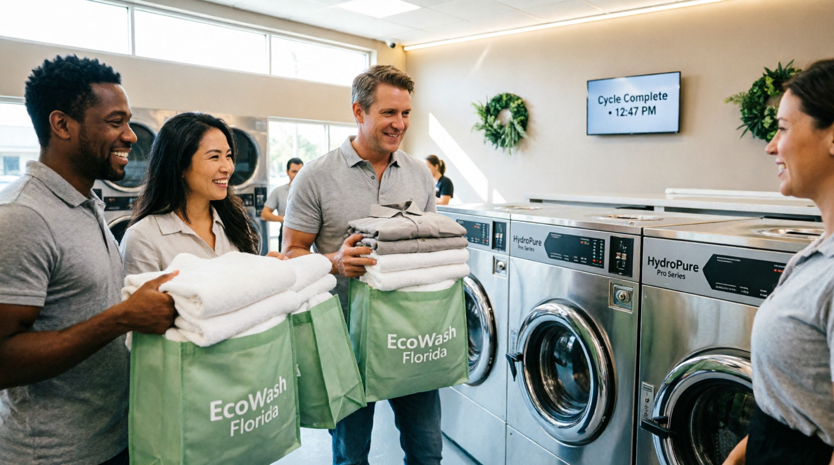 Modern eco-friendly laundry facility in Tampa, Florida with diverse adult customers