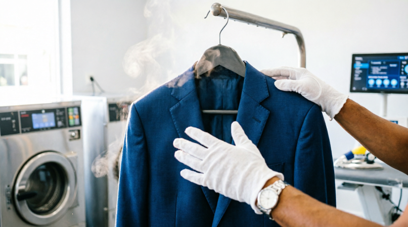 Professional dry cleaning service: suit on hanger in Tampa facility