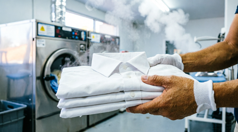 Professional wash and fold laundry service: neatly folded white shirts in Tampa